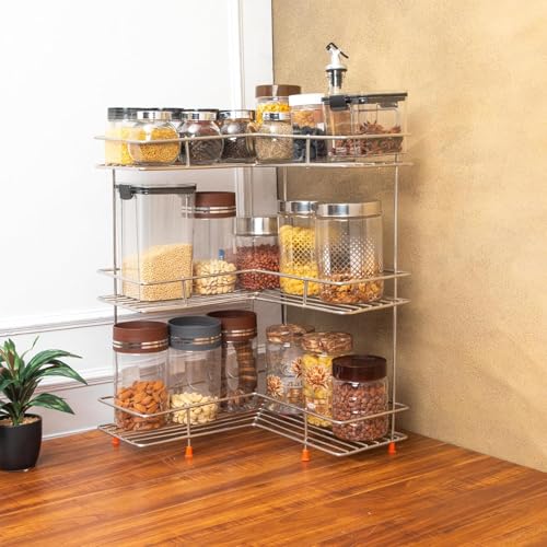 Home Lane L Corner Shape Stand Triple Layer 3-Tier Stainless Steel Multipurpose Storage Countertop Rack/Shelf Rack for Dish Kitchen & Bathroom Polished Steel Finish (Silver, Corner Shelf)