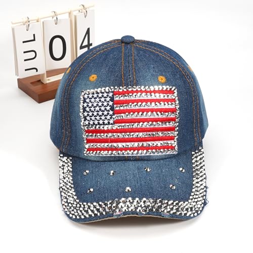 Image of American Flag Caps USA Baseball Caps Bling Sparkle Independence Day 4th of July Hats Adjustable Cotton Stars Stripes Ball Cap