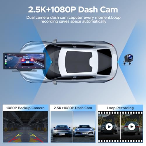 Image of Topexplore 9.26'' Carplay Screen with 2.5K Dash Cam and 1080P Backup Camera | Portable Wireless Car Play Android Auto, Upgrade Navigation, Mirror Link, Voice Control, Hands-Free for iOS 11+ Android 11+