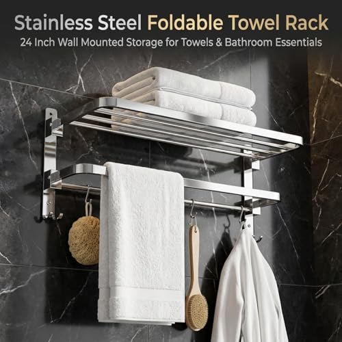 Image of Well Set Stainless Steel Foldable Towel Rack for Bathroom | Dual Layer Wall Mounted Shelf with Towel Bar & 5 Hooks | Heavy-Duty Rust-Free Towel Holder Stand (Mirror Finish, Silver)