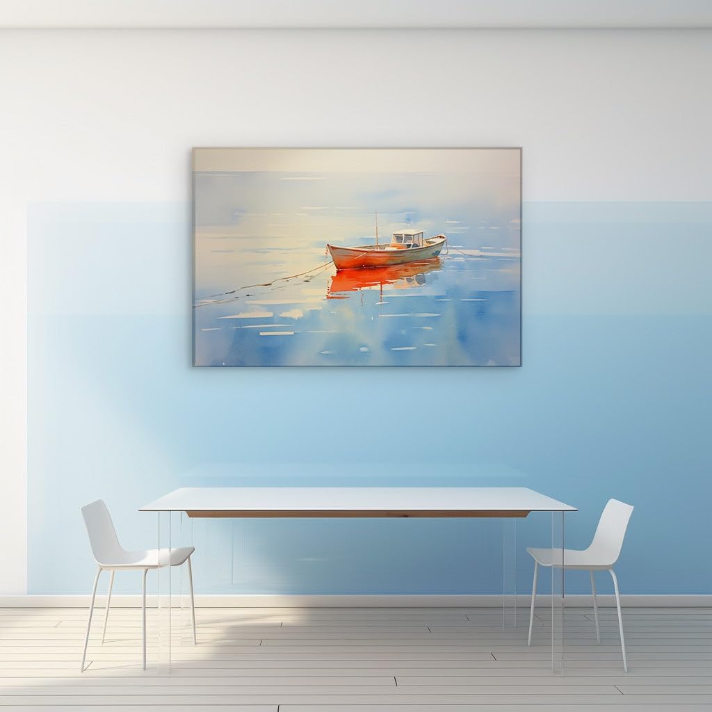 Canvas for Living room. Serene Haven: The Red Boat's Solace in a Landscape of Blues, 27 x 18 inch Canvas Wall Art - Contemporary Masterpieces - Modern Home Decor - 91x61 cm (36x24 inch)