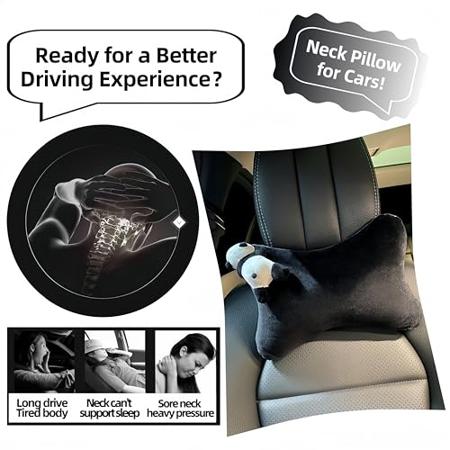 Image of Car Seat Pillow 2PCS Cute Panda Plush Car Headrest Pillow - Cartoon Comfortable Neck Support Cushions for All Seasons Suitable for Office Chairs, Computer Chairs