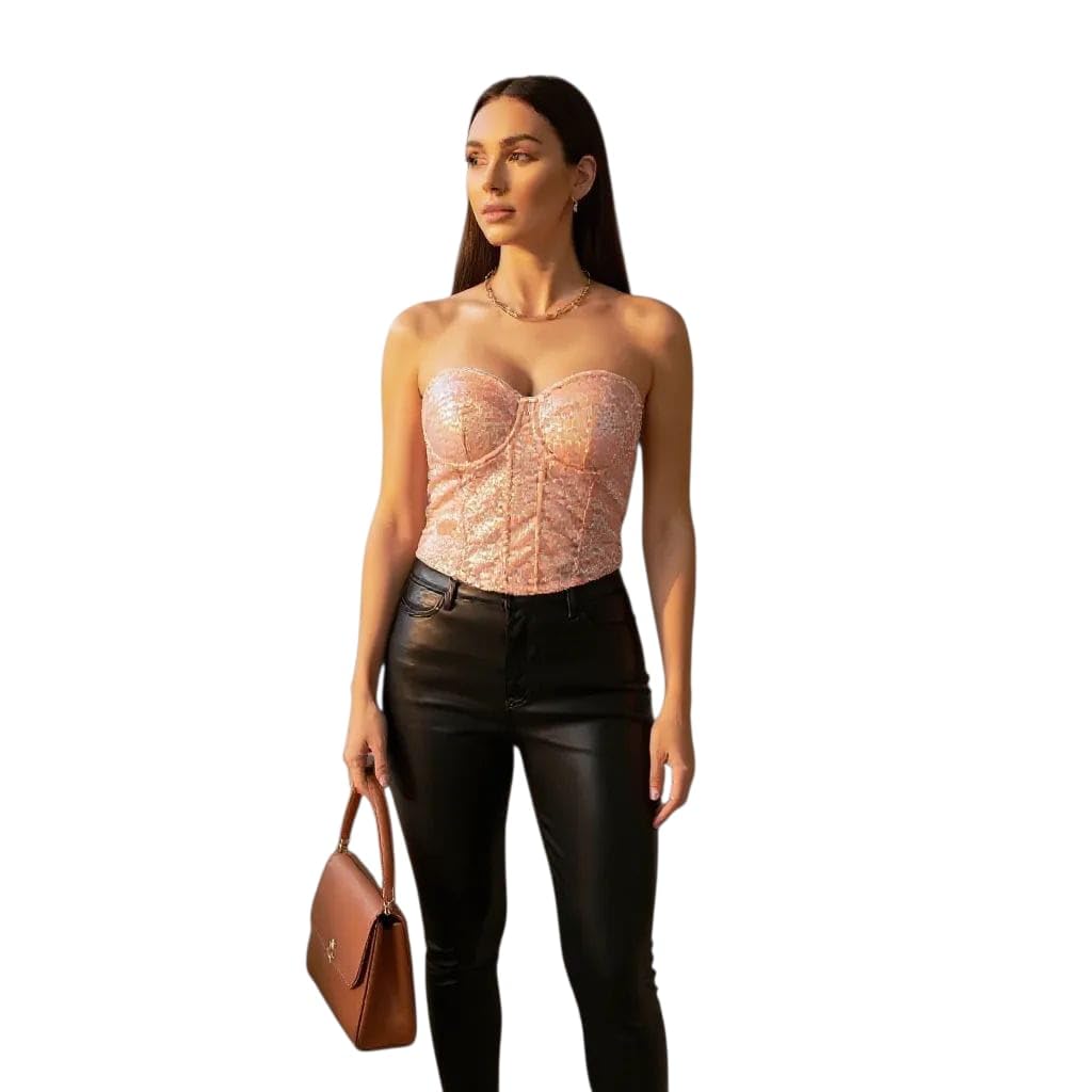 Women's Sequin Bustier Corset Tank Top, Adjustable Straps, Free Size