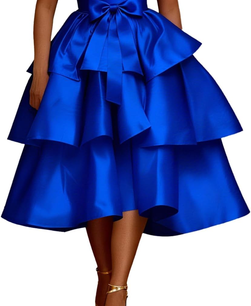 AOMEI Women's High Waist Bow Tiered Ruffle Satin 3-Layered A Line Midi Cake Skirt Party Cocktail