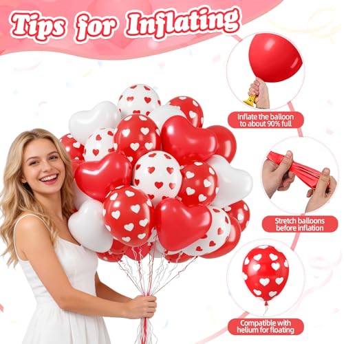 Image of Valentine Balloons, 50 Pcs Red White for Valentine's Day Wedding Party | 12 Inch Red White Heart Print Latex Balloons for Galentines Day Anniversary Proposal Engagement Birthday Party Decorations
