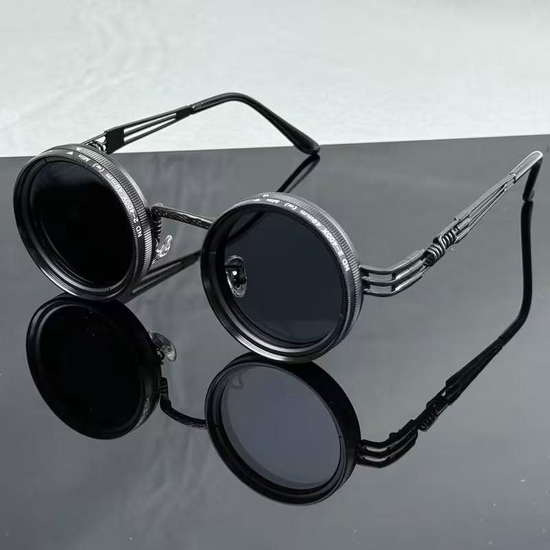 Image of Adjustable Tint Sunglasses, 1-9 Gear Adjustable Polarized Sunglasses with ND Filter Lenses, Round Black Lens for Men & Women, UV Protection for Driving, Fishing, and Outdoor Use.