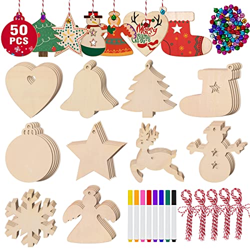 158 Pcs Wooden Christmas Ornaments Unfinished, 50 Pcs Wood Slices for...