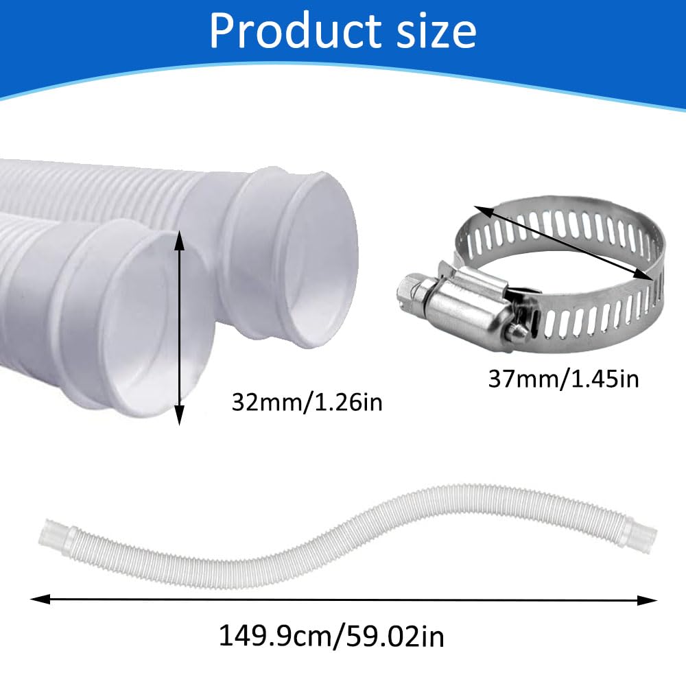 2 Pièces Tuyau Piscine 32mm,149,9cm Tuyau Piscine avec 4 Pinces Métalliques,pour Pompe à Filtre Eau Arrosage Bassin Piscine Hors Sol,pour Intex 530 GPH et 1000 GPH(Blanc)