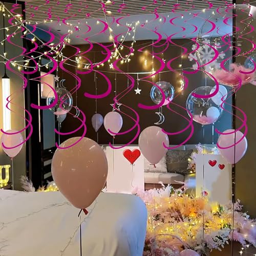 Image of Rose Red Ceiling Swirl Foil Decorations Hanging Plastic Streamer Themed Swirl Party for Valentines Carnival Celebration, Pack of 28