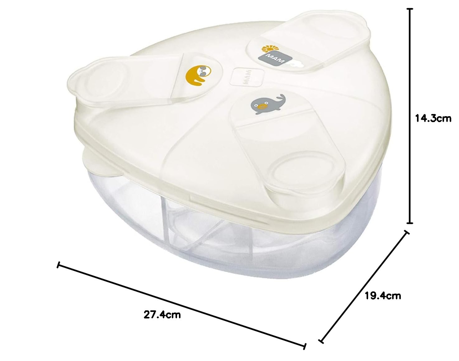 MAM Milk Formula Dispenser, Milk Powder Dispenser Pot Stores 40 g Per Serving, Milk Powder Storage Holds Three Servings, Baby Milk Powder Box, White, (Designs May Vary)