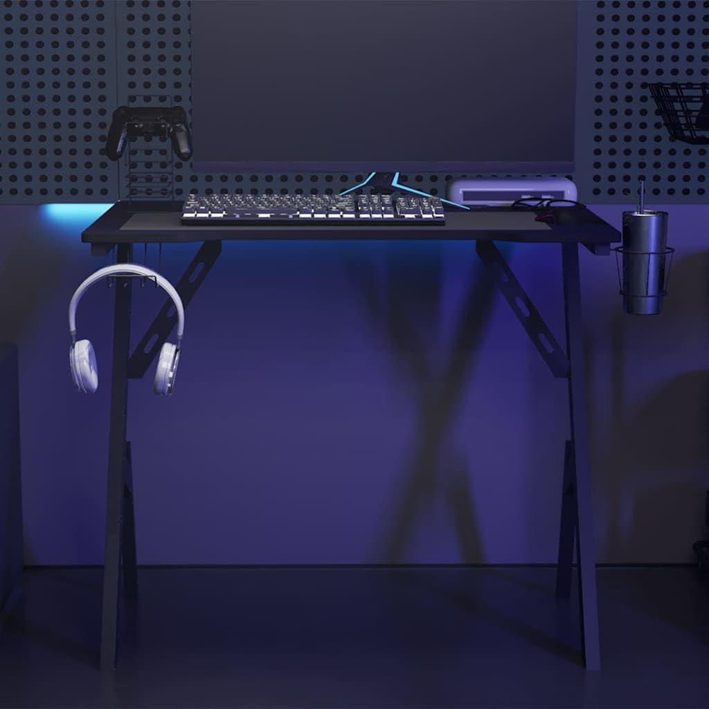 Gaming-Schreibtisch mit Y-Gestell Schwarz 90x60x75 cm, ergonomischer Computertisch mit Kopfhörerablage und Becherhalter, Stabiler Schreibtisch für Monitor und Zubehör