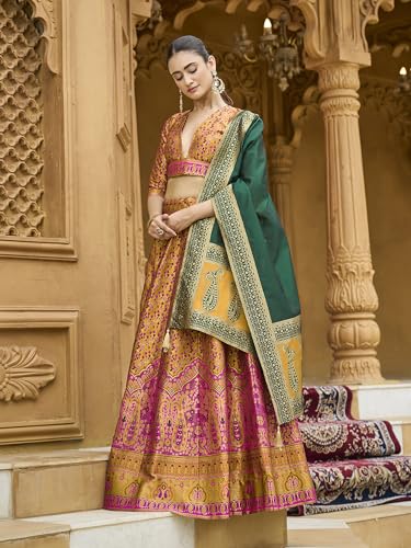 Image of PURVAJA Women's Kanjiwaram Semi-Stitched Lehenga choli