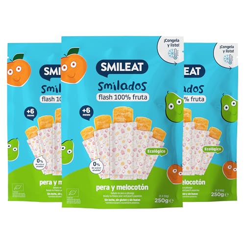 SMILEAT Pack 3 Smilados Flash Helado de Pera y Melocotón Ecológico para Niños. Polos Flash para Congelar. SIN Azucar, Gluten ni Lactosa | Perfecto como alternativa a los Helados. 15x50g 750g.