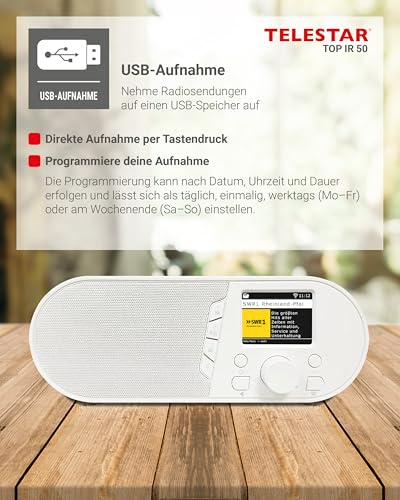 TELESTAR TOP IR 50 – Internetradio (Bluetooth Audio-Streaming, 7 W, USB-Aufnahmefunktion, Stationstasten am Gerät, Hotelmodus, Fernbedienung) – Weiß – Bild 6