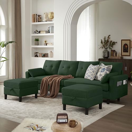 Image of 101 inch Sectional Sofa U Shaped Couch with Storage Ottomans, 4 Seater Convertible Couches for Living Room | Linen Fabric | 2 Movable Ottoman Reversible Chaises | Sectional Couch Set, Green