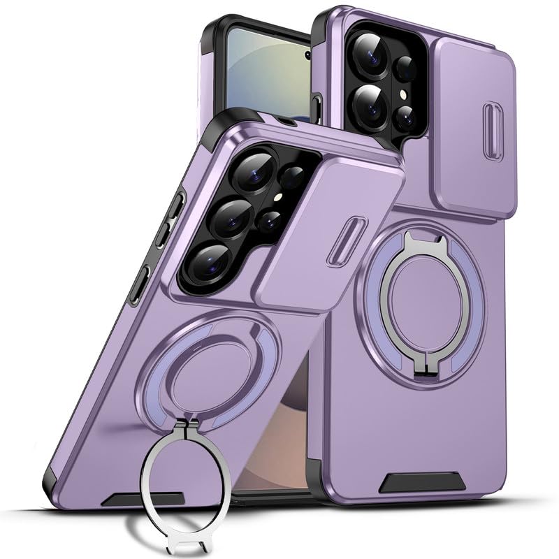 Image of LuxuryKase Shockproof Rugged Case for Samsung Galaxy S26 Ultra | Slide Camera Cover | 360 Rotating Ring Kickstand | Military-Grade Protection - Lavender Purple