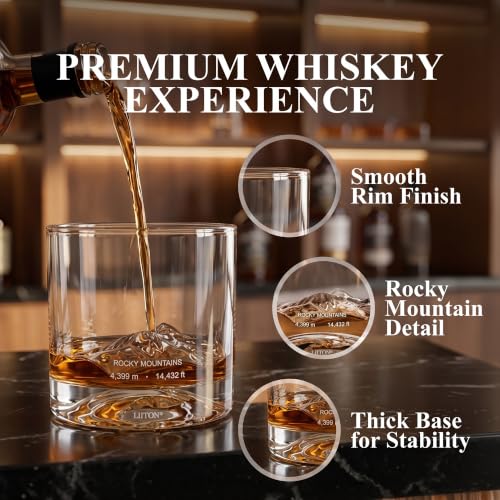 Image of LIITON Rocky Mountains Whiskey Glasses, Set of 2, 10oz, Bourbon Glass | Thick Freezable Crystal Rock Glasses, Old fashioned Whiskey Gifts for Men, Cocktails, Scotch Glasses