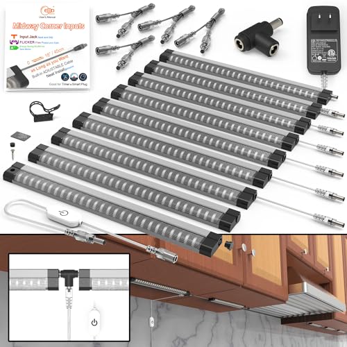 Image of EBD LED Under Cabinet Lighting for Kitchen Built-in Adjustable Cable & Mid Input Jack Bookshelf Plug in Light bar 9 Pcs 4050 Lm 3000K Ultra Bright for Timer Smart Plug Alexa Google Assistant & Siri
