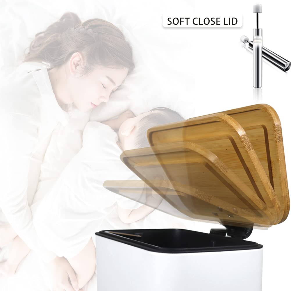 SIDIANBAN Small Trash Can with Bamboo Lid Soft Close and Foot Pedal, 1.3Gal/5L Rectangular Garbage Can with Inner Wastebasket for Bathroom,Bedroom, Office, Kitchen, White