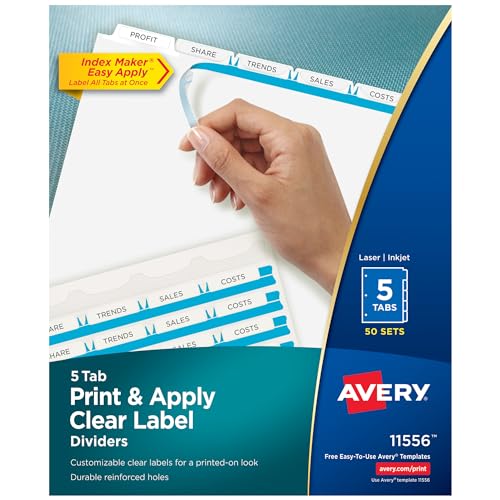 Image of Avery 5 Tab Dividers for 3 Ring Binder, Easy Print & Apply Clear Label Strip, Index Maker Customizable White Tabs, 4-Pack of 50 Sets, 200 Sets Total (11556)