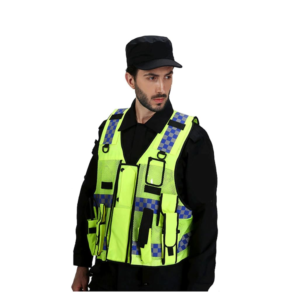 Gilet di sicurezza a maglia ad alta visibilità con tasche multiple, regolabile, Gilet di sicurezza per la polizia di traffico con strisce riflettenti, Giallo
