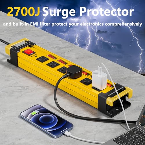 Regleta eléctrica con protector contra sobretensiones, 6 tomas, interruptores individuales, montaje metálico, enchufe plano y gestión de cable, cable de extensión de 6 pies para taller y garaje miniatura 4