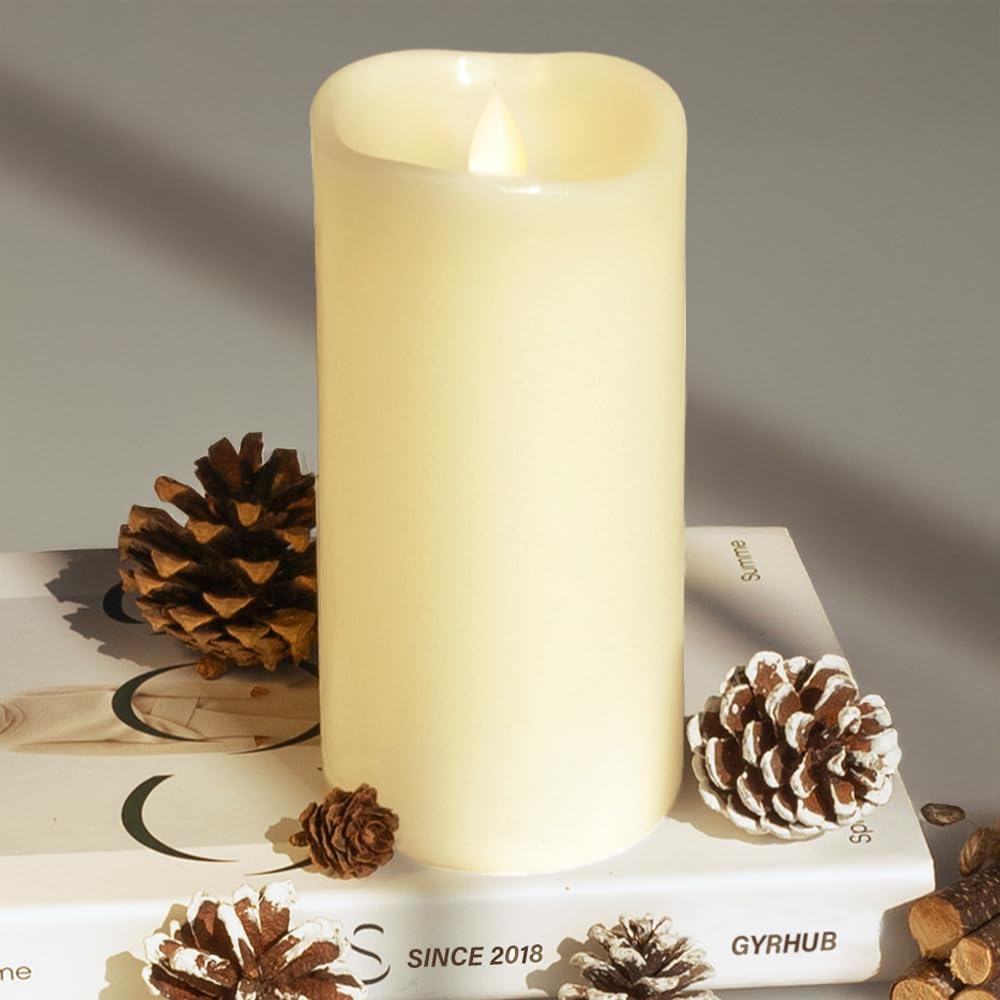 Flameless Candles Last 1300+ Hours Real Wax Flame Effect Auto-Moving 3D Wick, LED Pillar Candles with Timers Battery Operated - Ivory 8"