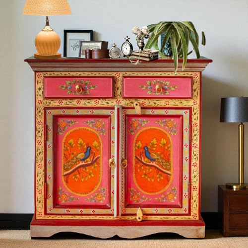 Image of APRODZ Hand-Painted Solid Wood Sideboard Cabinet with 2 Doors & 2 Drawers | Wooden Storage Cabinet for Bedroom Living Room & Kitchen | Crockery Cabinet, Kitchen Storage | Multicolor, 30x16x36 Inches