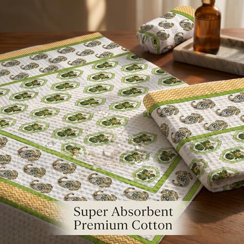 Image of Mafatlal Madhuban Cotton Waffle Set (1 Bath 147x76 cm + 2 Hand 76x38 cm) | 250 GSM | Quick Dry, Hand Printed Floral | Irish Green