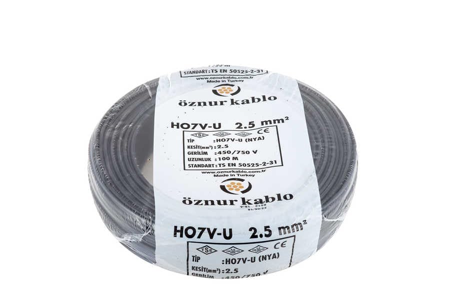 Öznur Kablo Nya H07V-U Tek Damar Elektrik Tesisat Kablosu 100 Metre; 1.5 mm² & 2.5 mm², Siyah/Kahverengi/Kırmızı/Mavi/Sarı-Yeşil, 450/750V (Siyah, 2.5 mm)