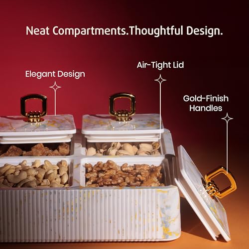 Image of Selvel Global Square Dryfruit Box with 4 Compartments | Airtight Multi-Purpose Storage Box with Tray & Lid | Ideal for Diwali Gifting | 500ml Each | BPA-Free (Italian White)