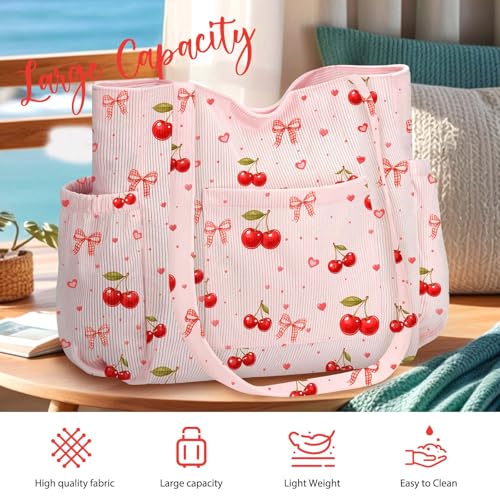 hatisan Cherry Bow Corduroy Tote Bag for Women, Cute Coquette Shoulder Bag - image 4