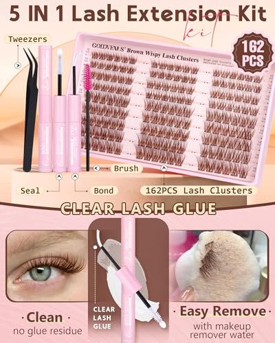 Image of Goddvenus Brown Wispy Lash Clusters Kit Natural Cluster Eyelash Extensions Kit False Eyelashes Clusters Fluffy DIY Individual Lash Extensions Kit C Curl