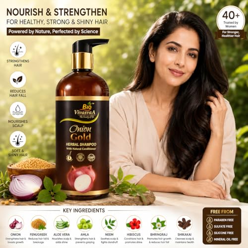 Image of Bio VivasvAA Onion Gold Herbal Shampoo with Natural Conditioner, GMP Certified, 450ml- Best anti Hair fall shampoo in ayurveda