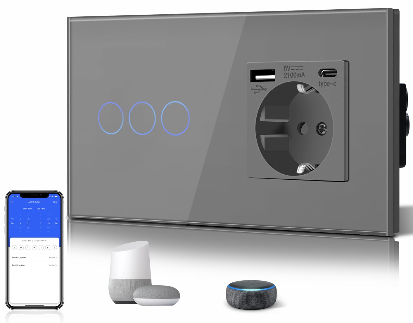 BSEED BSEED 3 Gang 1 Vía Interruptor de Luz Táctil Inteligente WIFI con Schuko Tipo C y USB Enchufe Estándar, Compatible con Alexa/Tuya/Smart Life (Requiere Cable Neutro) Gris