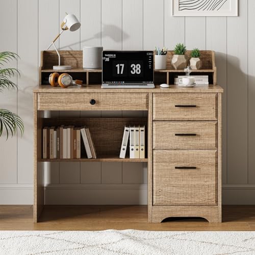 4 EVER WINNER Computer Desk with Drawers and Hutch, 44 Inch Home Office Desk, Writing Desk with Monitor Stand - Ideal for Bedroom, Kids, Small Spaces (Grey)