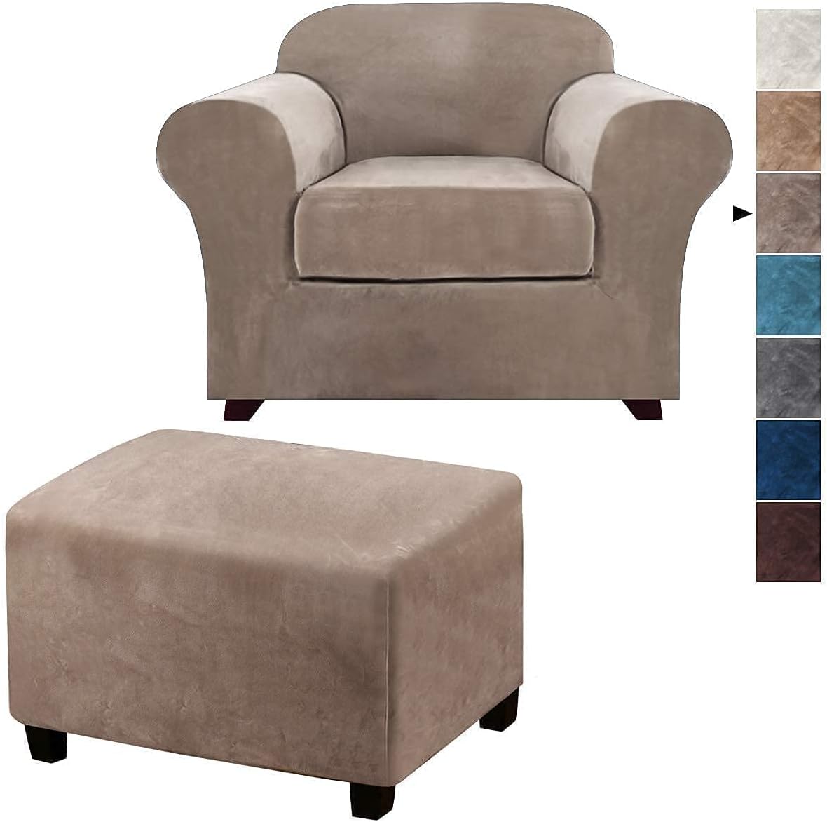 Real Velvet Stretch Sofa Slipcovers and Ottoman Bundle, Furniture Protector, Plaid Pattern, Removable and Washable, Taupe
