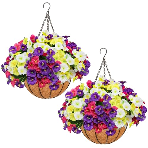 secqous 2 Set Artificial Hanging Flowers with Basket for Outdoor