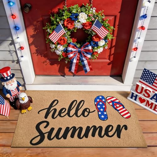 Kelarea Patriotic Door Mat Hello Summer 17 x 29 Artificial Coir Front Door Mats for Indepence Day Memorial Day 4th of July Doormat with Non-Slip Backing for Outside Entrance Porch