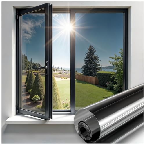 Qualsen Vinilos para Cristales Vinilo Espejo Vinilo Ventana Privacidad, Anti UV Termico Control del Calor Película de Unidireccional Reflectante para Hogar Oficina (Negro plateadoo，44.3x200cm)