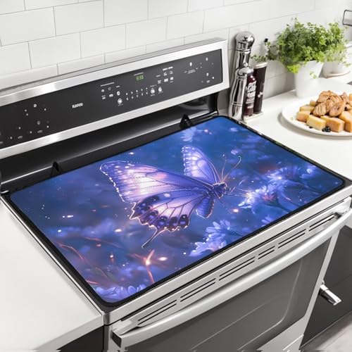 Image of Butterfly Purple Stove Top Cover for Electric Stove, Multifunctional Stove Mat, Heart Resistant Cooktop Cover, Folding Range Top Cover, Countertop Dust Protection Cover, 30 x21 Inches