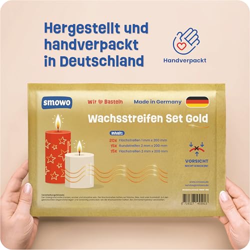 Smowo® 50 Stück Wachsstreifen Gold Set 200mm - Verzierwachs für Kerzen in verschiedenen Formen - Wachs für Taufe Kommunion Hochzeit