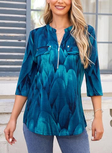 Image of Bulotus Womens 3 /4 Sleeve Tops Plus Size V Neck Zipper Business Casual Blouses for Office & Going Out Soft Knit Tunics, M-3XL