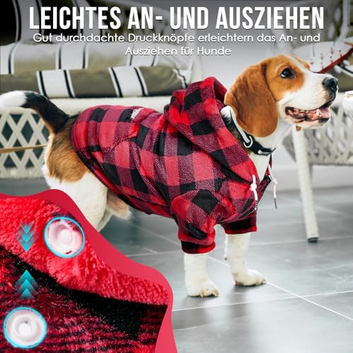Eyein Hundehoodie für kleine mittlere und große Hunde, Warmer Flanell Hunde Kapuzenpulli mit Taschen und Leine Portal, Weiche Hundebekleidung für Frühling Herbst Winter (Rot-Schwarz Kariert, L)