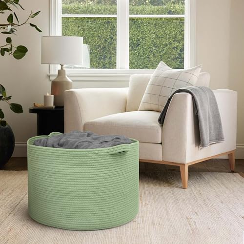 Image of MEGASKET 115L Oversized Green Basket, 23.6 inchx15.7 inch Woven Cotton Rope Bin for Blankets, Nursery Wicker Laundry Hamper, Kids Toy Storage Bin, Sage Green Living Room Bedroom Decor Baskets for Organizing