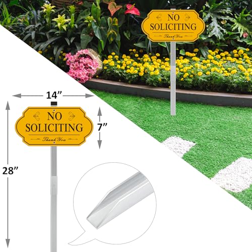 Image of Heavy Duty No Soliciting Sign for House - All Metal Construction No Soliciting Yard Sign - 14 inch x 7 inch - Aluminum - with 28 inch Long Stake (Yellow)