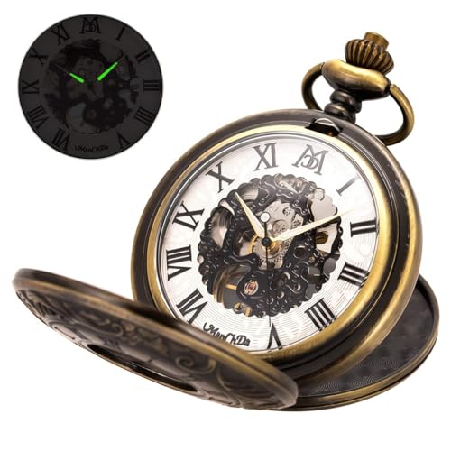 Image of ManChDa Mechanical Roman Numerals Dial Skeleton Pocket Watches with Box and Chains for Mens Women