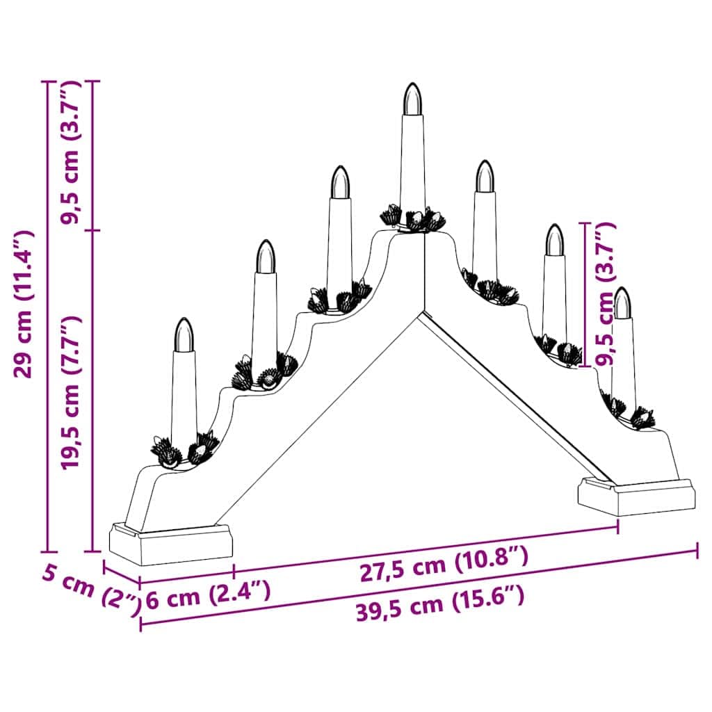 Świąteczny most na świece z 7 diodami LED, 3 sztuki, czerwone, drewno sosnowe 39,5 x 5 x 29 cm, zasilany bateriami, ciepłe białe światło, na okno, stół, dekoracja adwentowa i do wnętrz