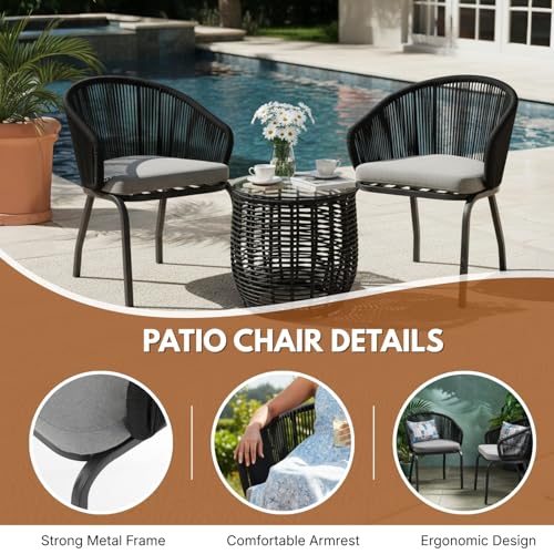 Image of DEVOKO 3 Piece Rope Patio Bistro Set with Cushions - Perfect for Balcony, Poolside, Lawn, Garden & Outdoor Meals with Friends and Family (Black and Gray)