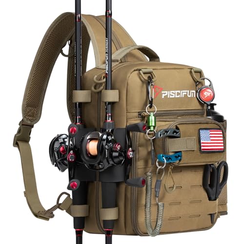 Piscifun Fishing Tackle Backpack Convertible Sling or Waist Pack Fishing Gear Bag with 16 Storage Pockets Fits 3600/3700 Tackle Boxes 2 Rod Holders & Rain Cover for Bass Kayak Fishing Khaki